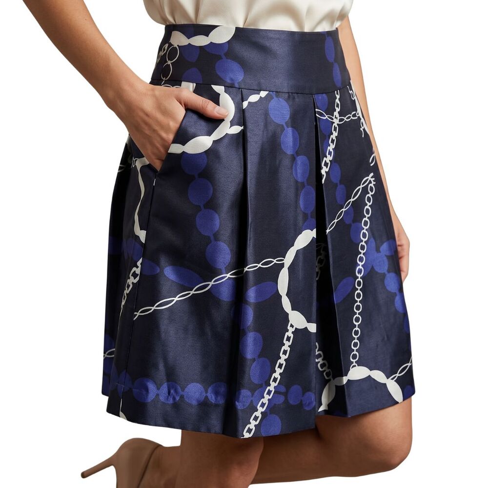 Talbots Collection Silk Linen A-Line Skirt Sz 8 Navy Chain Print Pleated Classic